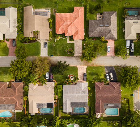 An aerial view of a row of houses
