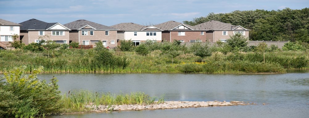 Stormwater management pond near houses