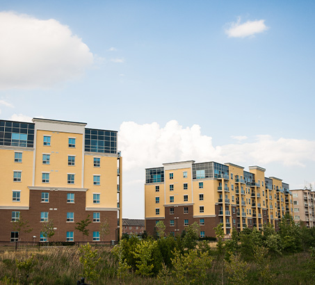 Buildings with grass in front