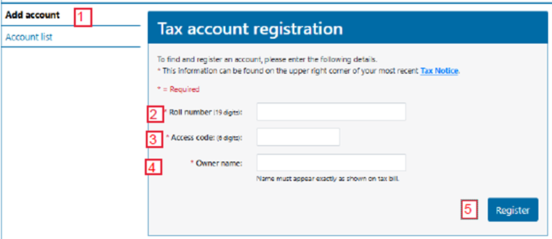 Tax account registraion screenshot