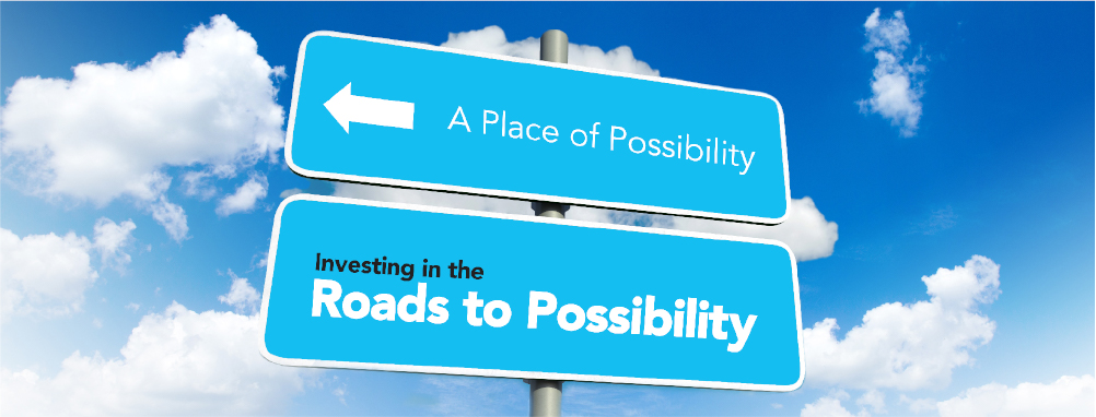 Two road signs that say "A place of Possibility" and "Investing in the Roads to Possibility"