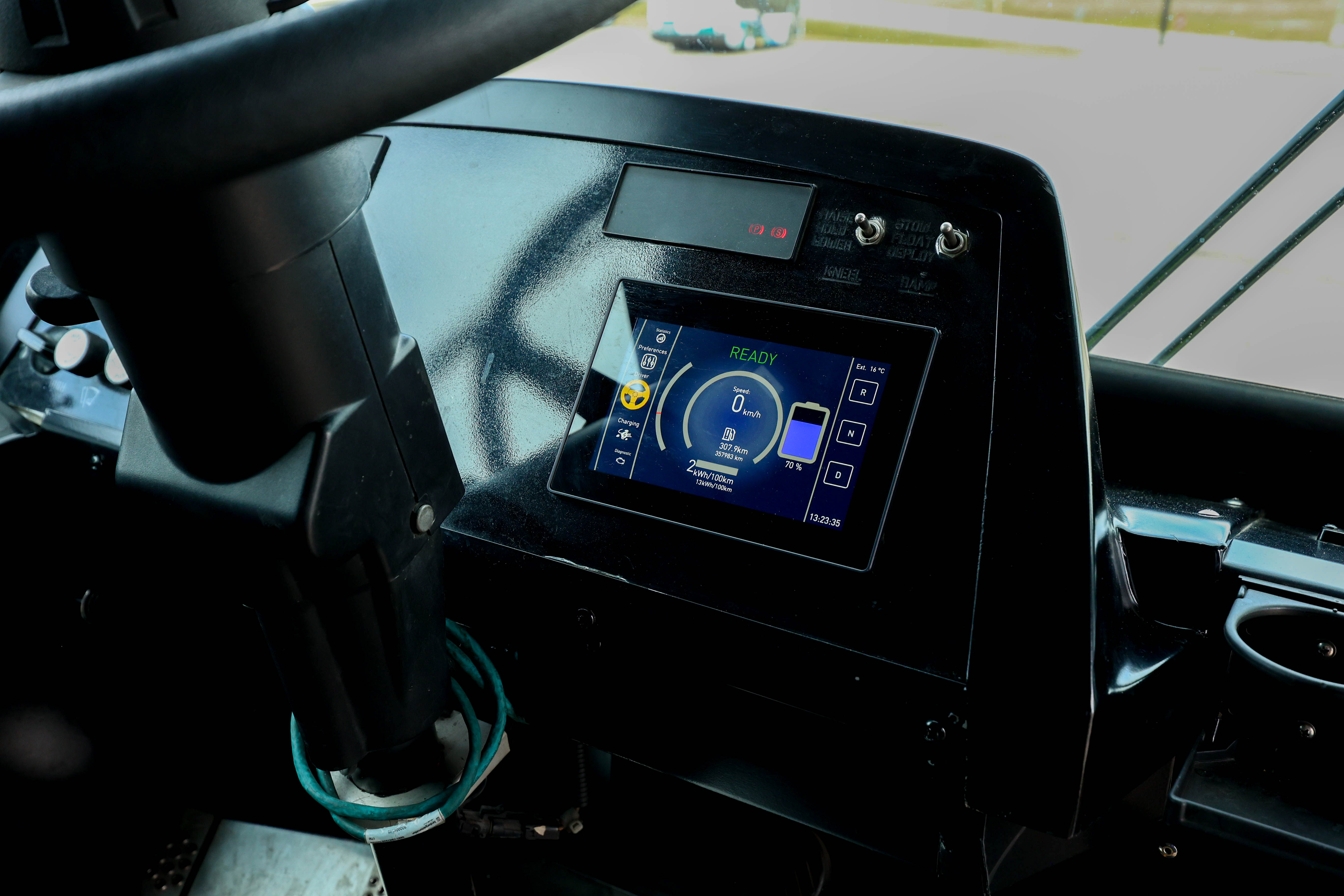 An e-bus clean power shift and touch screen inside of the bus