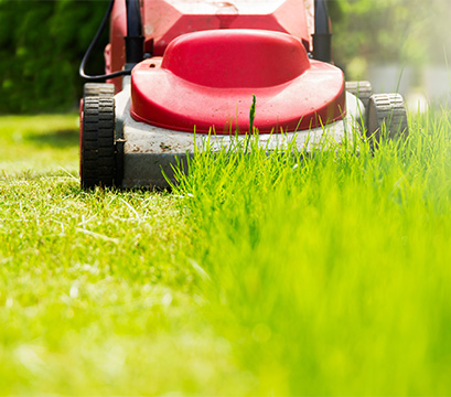 A lawn mower cutting grass in the spring