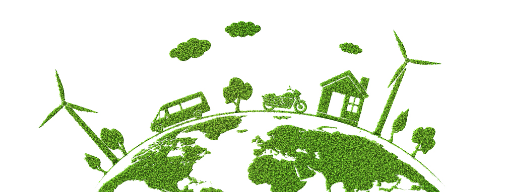 the side of the earth with a home, and bus made out of grass.